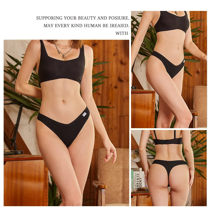 Black bikini set worn by a model in a home setting with text about supporting beauty and positivity.