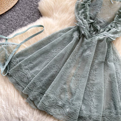 Sexy Lace Nightwear Dress – Ruffle Straps & Bow Back Design