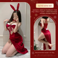Red bunny costume with accessories on a plain background