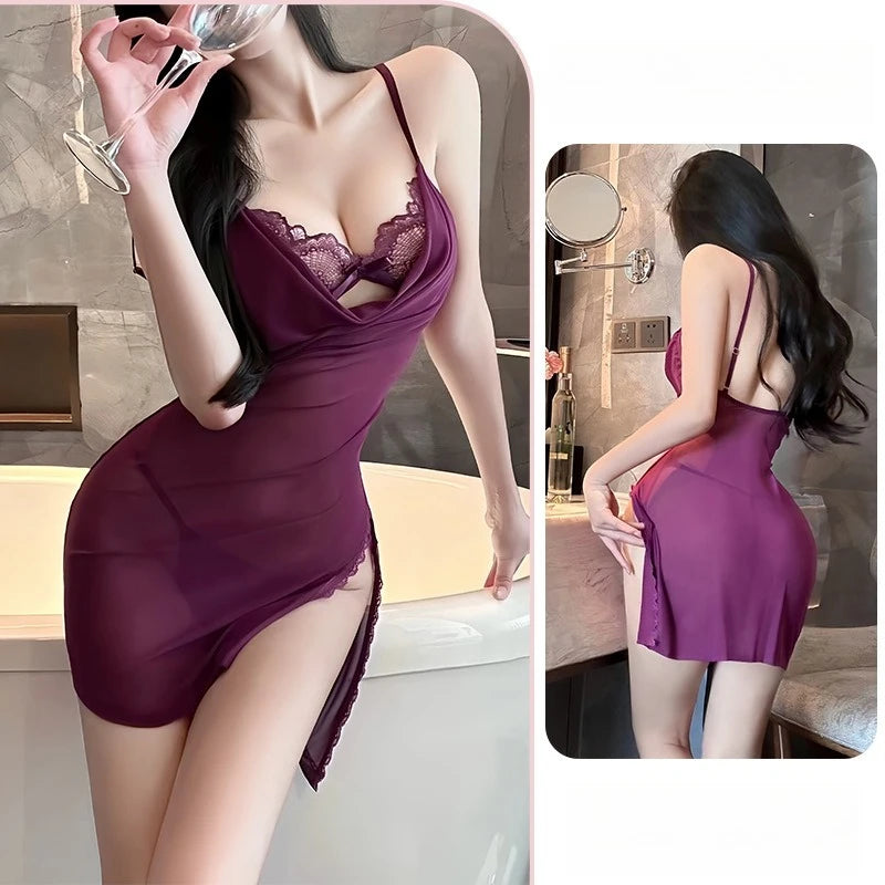 Woman wearing a purple lace nightgown in a bathroom setting