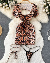 Leopard Print Lace-Up Night Dress – Sexy Slim-Fit Short Sleeve Lingerie