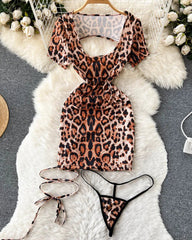 Leopard Print Lace-Up Night Dress – Sexy Slim-Fit Short Sleeve Lingerie