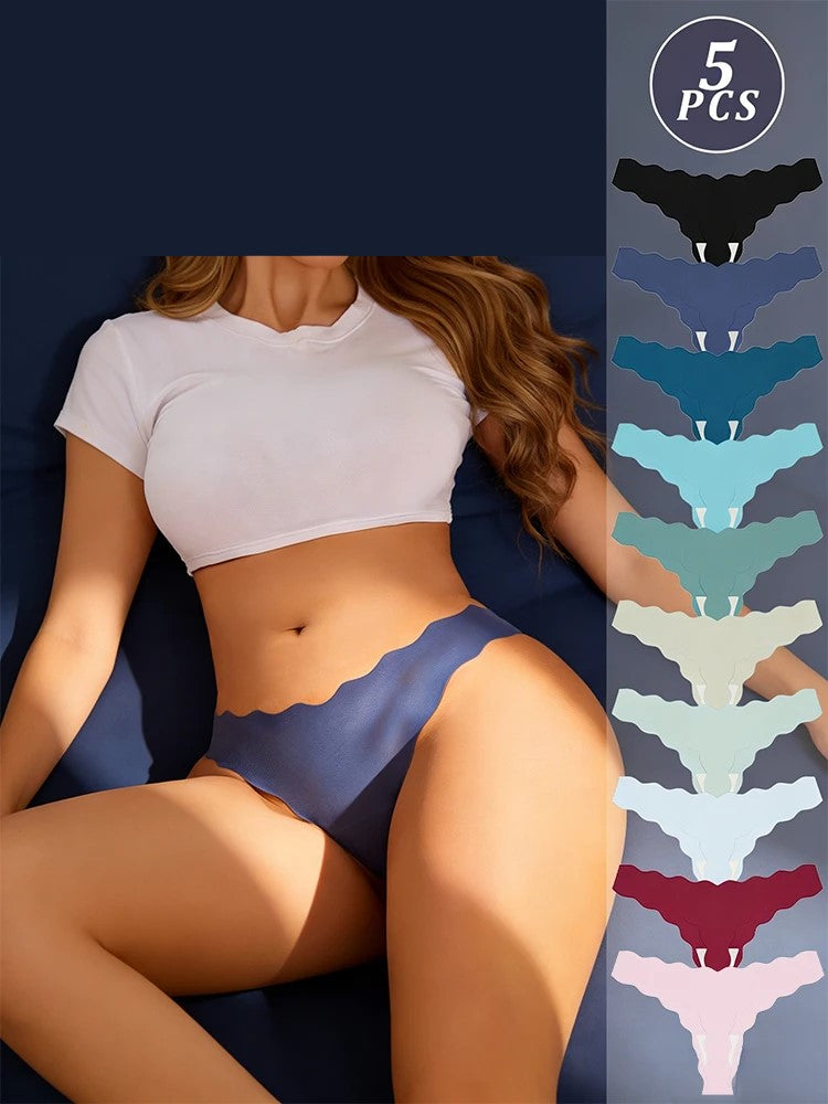 Woman wearing a white crop top and blue underwear with a side view of colorful underwear options on a navy background.