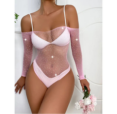 Person wearing a pink sheer bodysuit with long sleeves on a white background