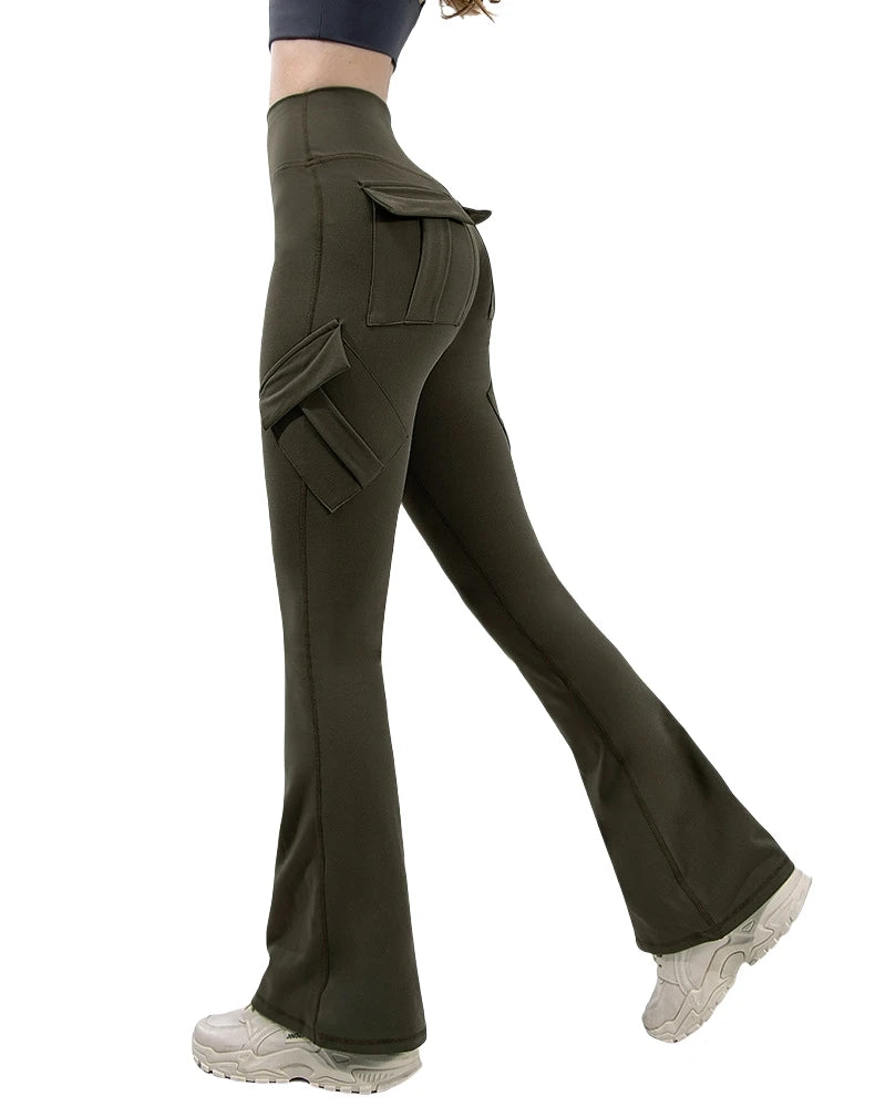 Green cargo pants worn by a person on a white background