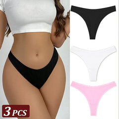 Black, white, and pink thong underwear set with a model wearing black thongs.