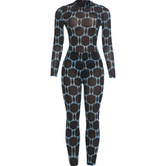 A long-sleeve, high-neck full-body jumpsuit with a black and light blue geometric pattern, displayed on a clean white background.