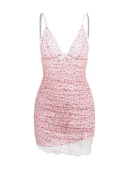 Pink floral nightgown with lace trim on a white background