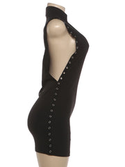Black dress with cut-out design and button details on a mannequin against a white background