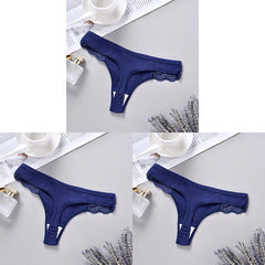 Three navy blue ribbed lace-trim thongs displayed in a collage