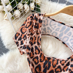 Leopard Print Lace-Up Night Dress – Sexy Slim-Fit Short Sleeve Lingerie