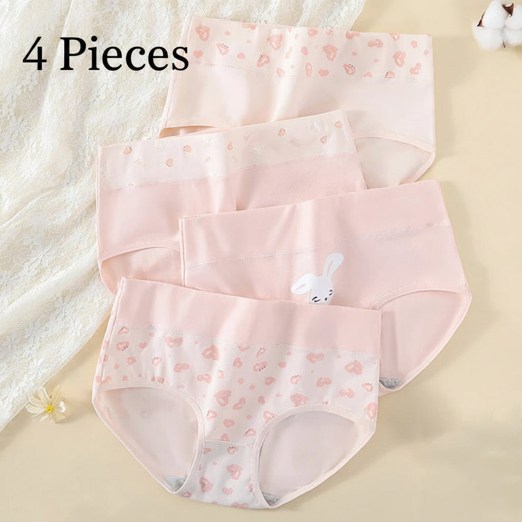 Set of pink women's underwear with bunny design on a textured beige background