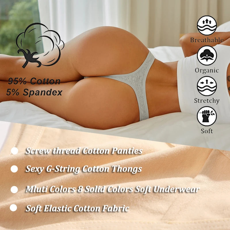 Person wearing a white G-string with text highlighting fabric properties and product features.