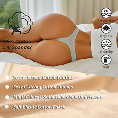 Person wearing a white G-string with text highlighting fabric properties and product features.