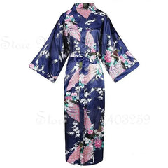 Navy blue satin robe with floral and bird patterns on a white background
