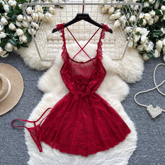 Sexy Lace Nightwear Dress – Ruffle Straps & Bow Back Design