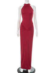 Red evening gown on a mannequin against a white background