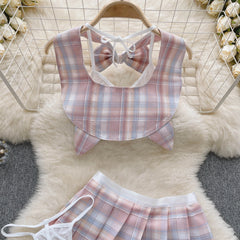 Japanese Plaid Bow Hollow‑Out Tank & Skirt Set