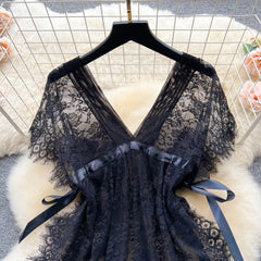 Lace Mesh V-Neck Split Dress – Elegant Sleepwear