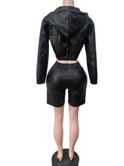 Black hooded jacket and shorts set on a mannequin against a white background