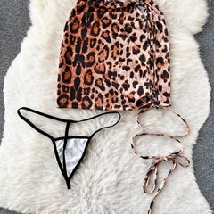 Leopard Print Lace-Up Night Dress – Sexy Slim-Fit Short Sleeve Lingerie