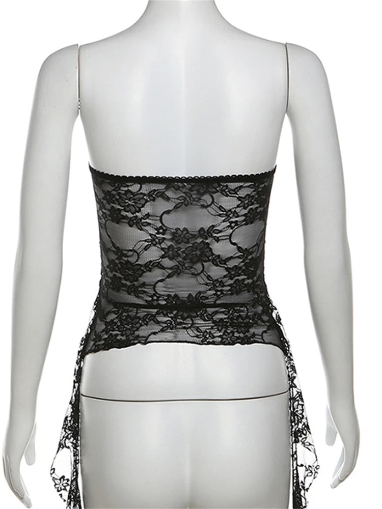Black lace top on a mannequin with 'kliou' branding.