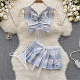 Japanese Plaid Bow Hollow‑Out Tank & Skirt Set