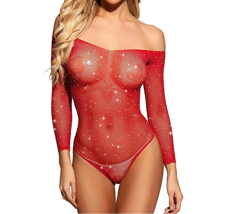 Red fishnet bodysuit worn by a model on a white background