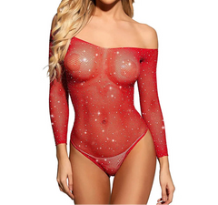 Red fishnet bodysuit worn by a model on a white background