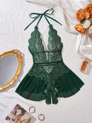 Women Lace Teddy Bodysuit Satin Shorts Set