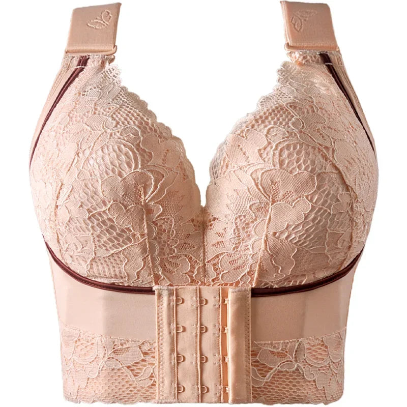 Beige lace bra on a white background