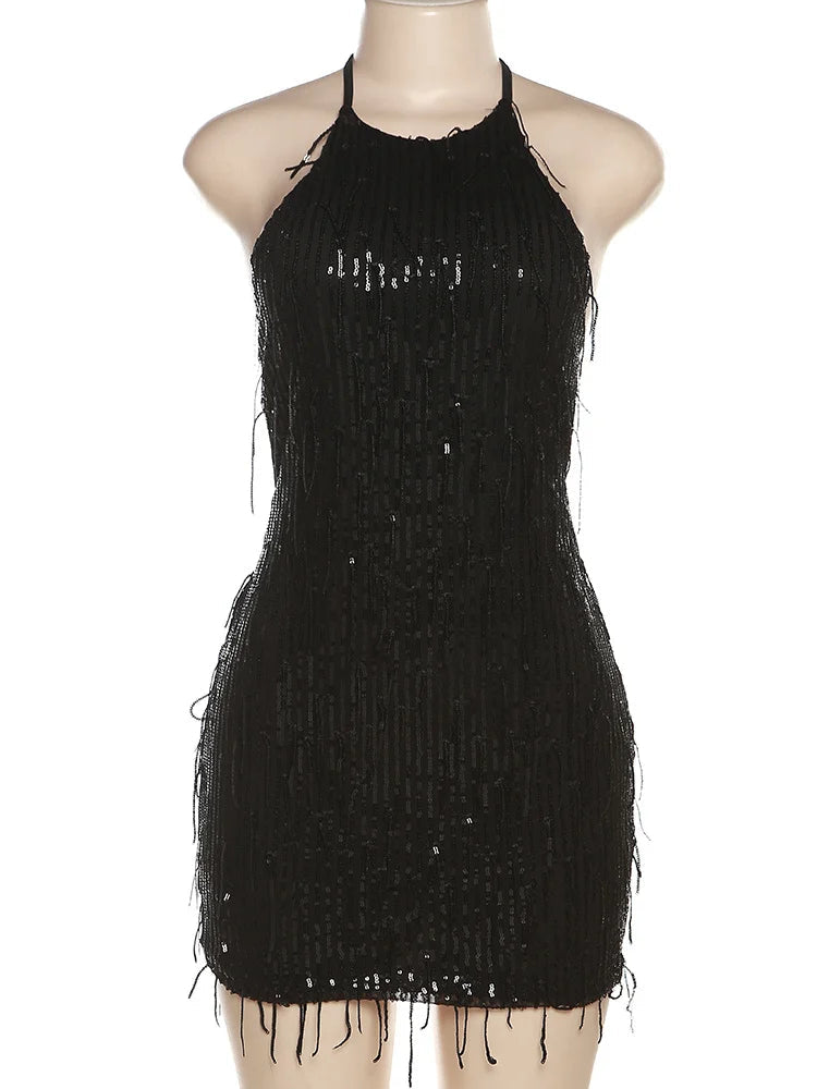 Black halter neck dress with fringe details on a mannequin against a white background, brand 'kliou' visible.