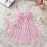 Women Sheer Ruffle Babydoll Nightgown Thong Set