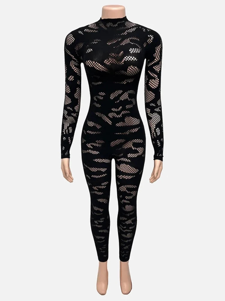 Black fishnet bodysuit on a mannequin against a white background