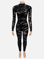 Black fishnet bodysuit on a mannequin against a white background