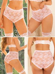 Collage of a person wearing white lace lingerie with a blurred background.