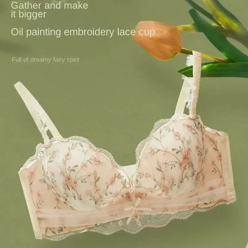 Floral lace bra on a green background with text overlay