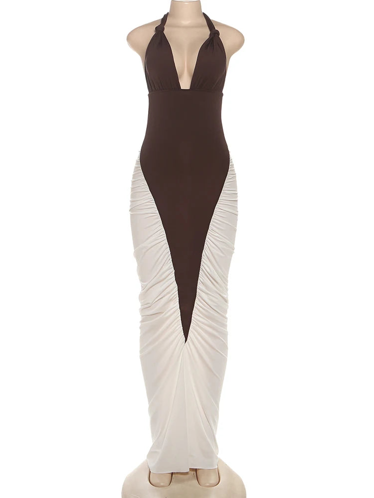 Two-tone dress with brown and white on a mannequin against a white background