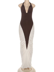 Two-tone dress with brown and white on a mannequin against a white background