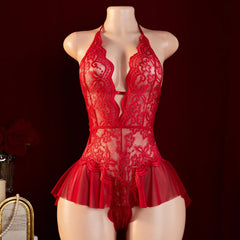 Women Floral Lace Deep V Teddy Babydoll