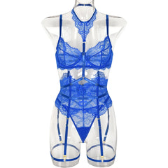 Blue lace lingerie set on a mannequin against a white background