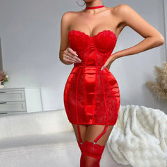 Strapless Lace Sheer Nightdress with Garter Belt