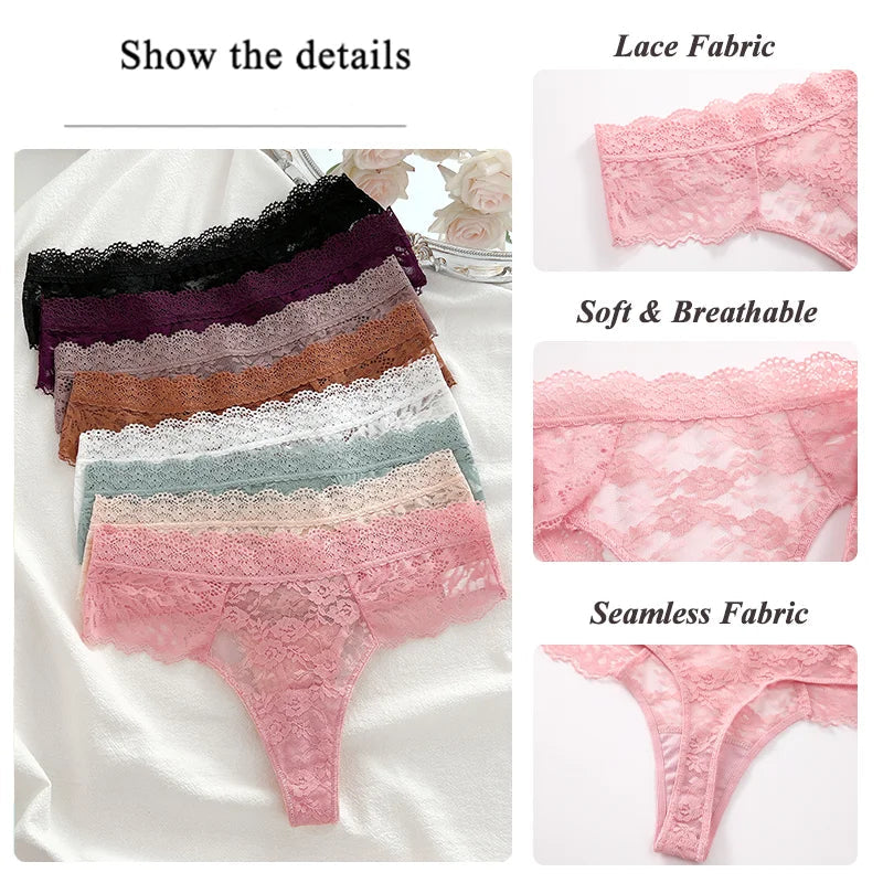Lace fabric panties displayed with color options and close-up details on a white background.