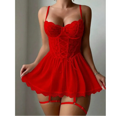 Red lace babydoll dress on a plain background