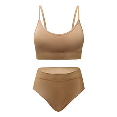 Beige bikini set with a top and high-waisted bottom on a white background