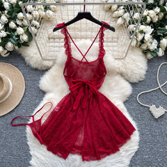 Sexy Lace Nightwear Dress – Ruffle Straps & Bow Back Design