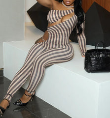 Striped Hollow Ruched Jumpsuit – Sexy Full Sleeve Clubwear for Women