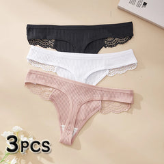 Three ribbed lace-trim thongs in black, white and blush pink