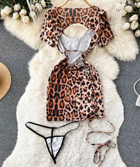 Leopard Print Lace-Up Night Dress – Sexy Slim-Fit Short Sleeve Lingerie