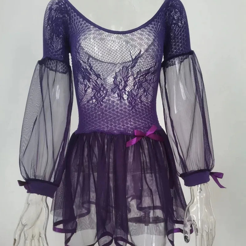 Purple lace dress with sheer sleeves on a mannequin against a white background